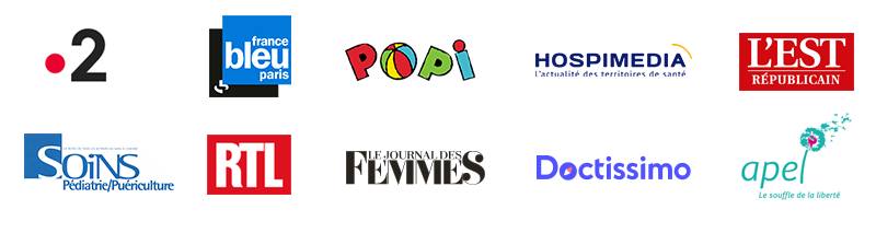 Logos : Fr2 - Fr Bleu - Popi - Hospimedia - L'Est Republicain - Soins Pédiatrie/Puériculture - RTL - Le Journal de Femmes - Doctissimo - apel