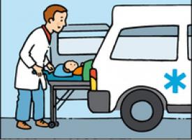 Un ambulancier porte un enfant sur un brancard dans son ambulance