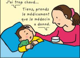 Un enfant malade dans son lit et sa mère qui lui apporte un médicament contre la fièvre