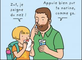 Un enfant qui saigne du nez avec son père qui lui donne un conseil