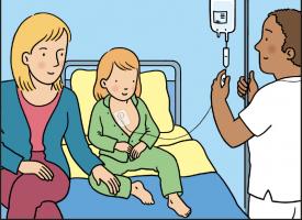 Un infirmier pose une perfustion sur un cathéter central d'un enfant