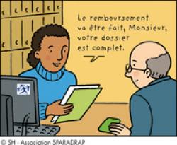 Une hôtesse d'accueil parle avec un monsieur au guichet de la sécurité sociale : " Le remboursement va être fait, Monsieur, votre dossier est complet".