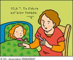 Une maman est assise à côté du lit de sa fille qui est malade. Elle regarde un thermomètre et dit : " 37,5 °. Ta fièvre est bien tombée."