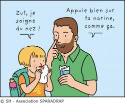 Un enfant qui saigne du nez avec son père qui lui donne un conseil